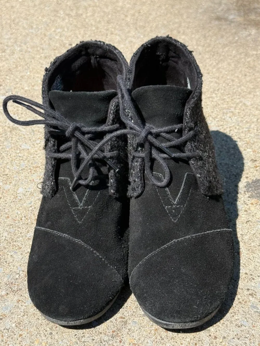 TOMS Womens 8.5 Black Tweed Wedge Boots Y2K Indie Sleaze Dark Academia Chic4131